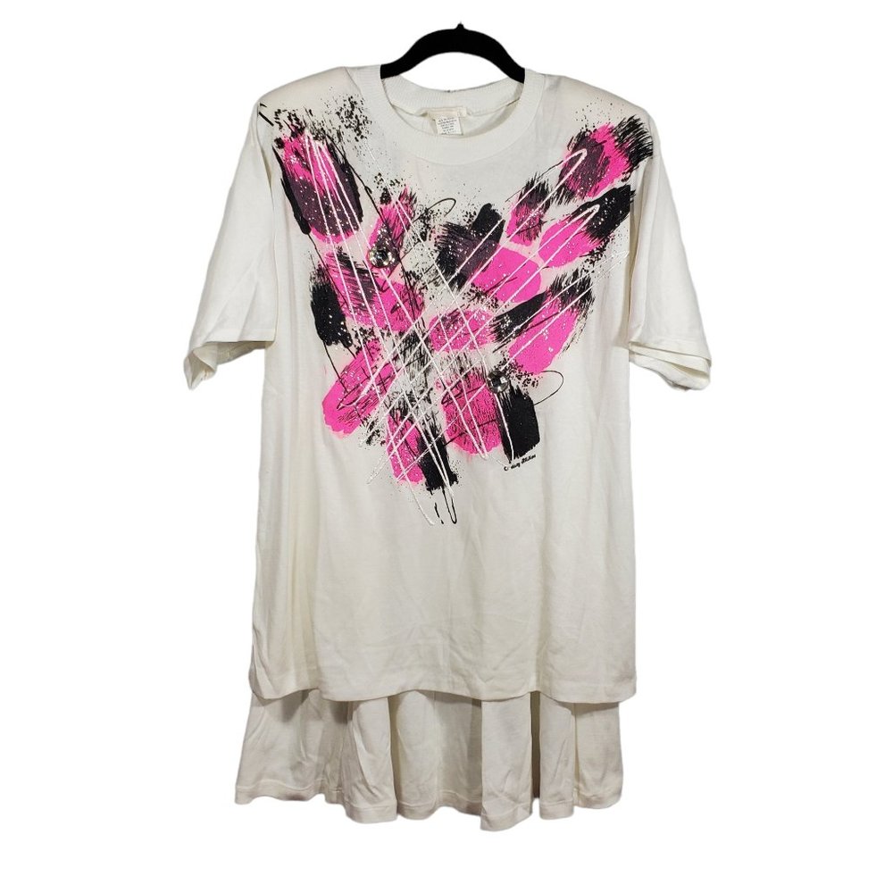 VTG Suzy Phillips 2Pc T-Shirt Skirt Set White Pink Black Abstract Wearable-Art